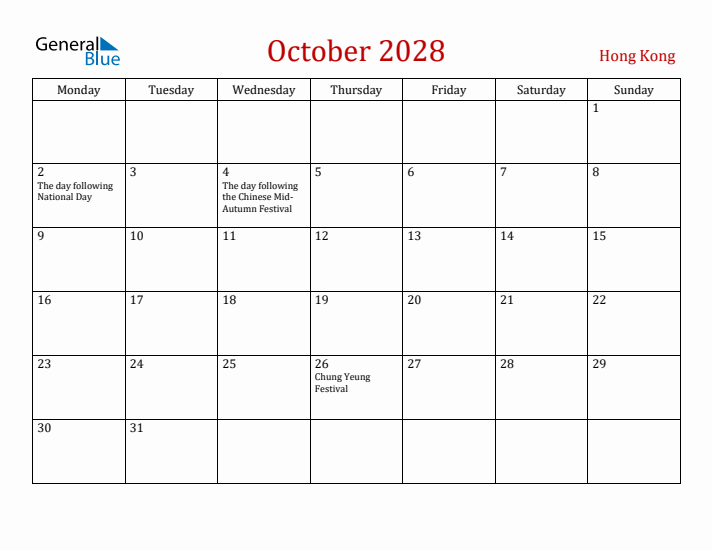 Hong Kong October 2028 Calendar - Monday Start