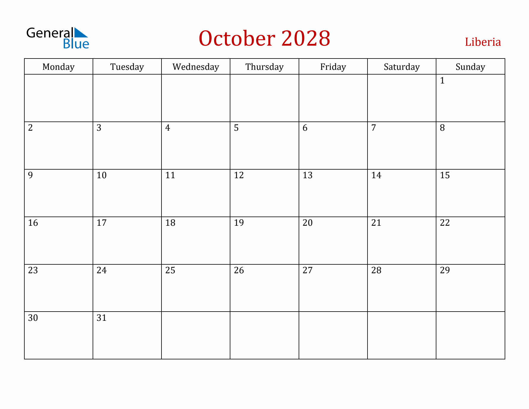 Liberia October 2028 Calendar - Monday Start