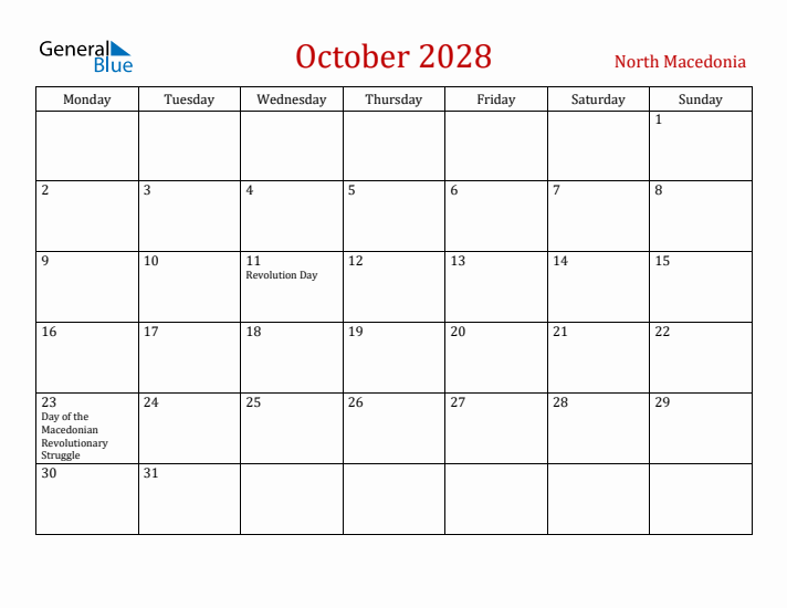 North Macedonia October 2028 Calendar - Monday Start