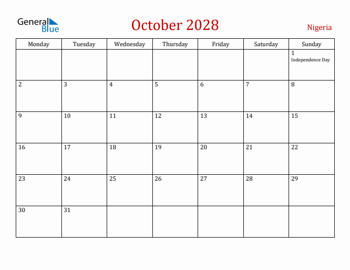 Nigeria October 2028 Calendar - Monday Start