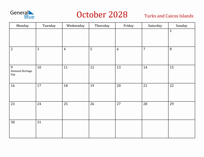 Turks and Caicos Islands October 2028 Calendar - Monday Start