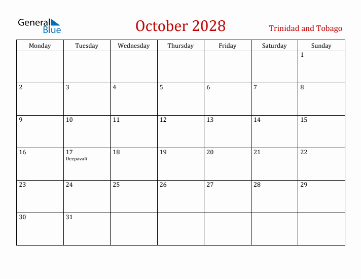 Trinidad and Tobago October 2028 Calendar - Monday Start