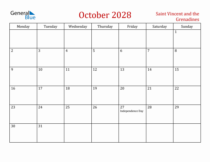 Saint Vincent and the Grenadines October 2028 Calendar - Monday Start