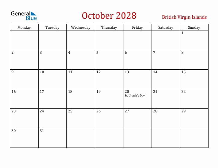 British Virgin Islands October 2028 Calendar - Monday Start