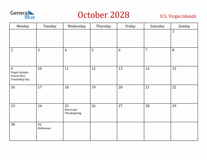 U.S. Virgin Islands October 2028 Calendar - Monday Start