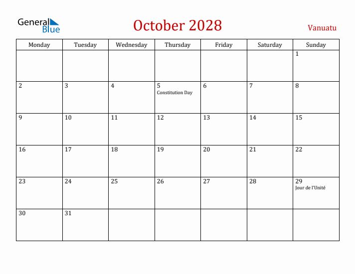 Vanuatu October 2028 Calendar - Monday Start