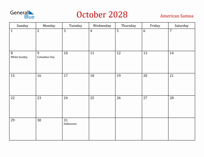 American Samoa October 2028 Calendar - Sunday Start