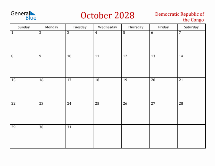 Democratic Republic of the Congo October 2028 Calendar - Sunday Start