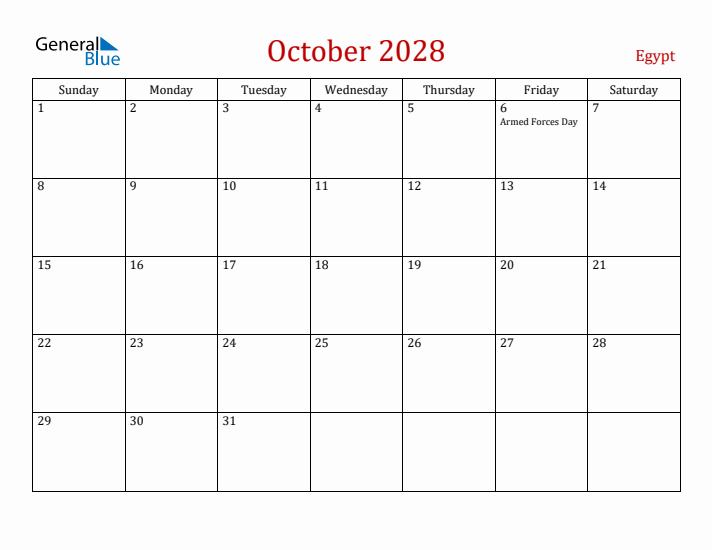 Egypt October 2028 Calendar - Sunday Start