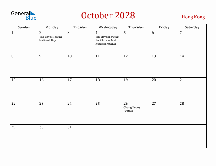 Hong Kong October 2028 Calendar - Sunday Start