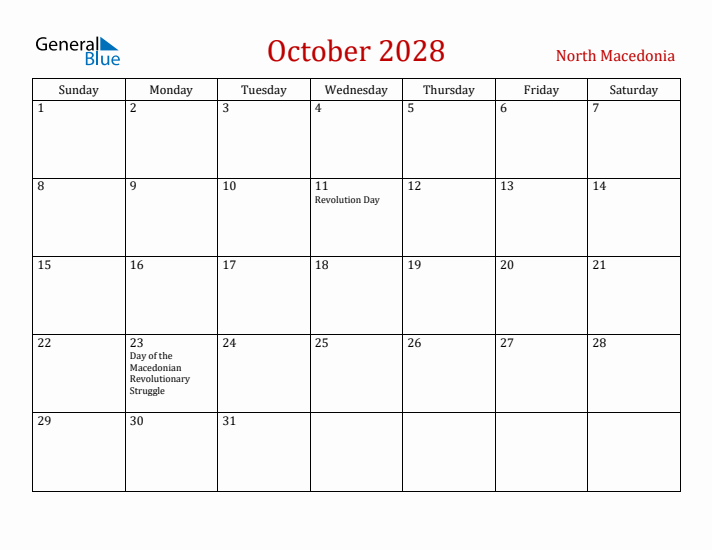 North Macedonia October 2028 Calendar - Sunday Start