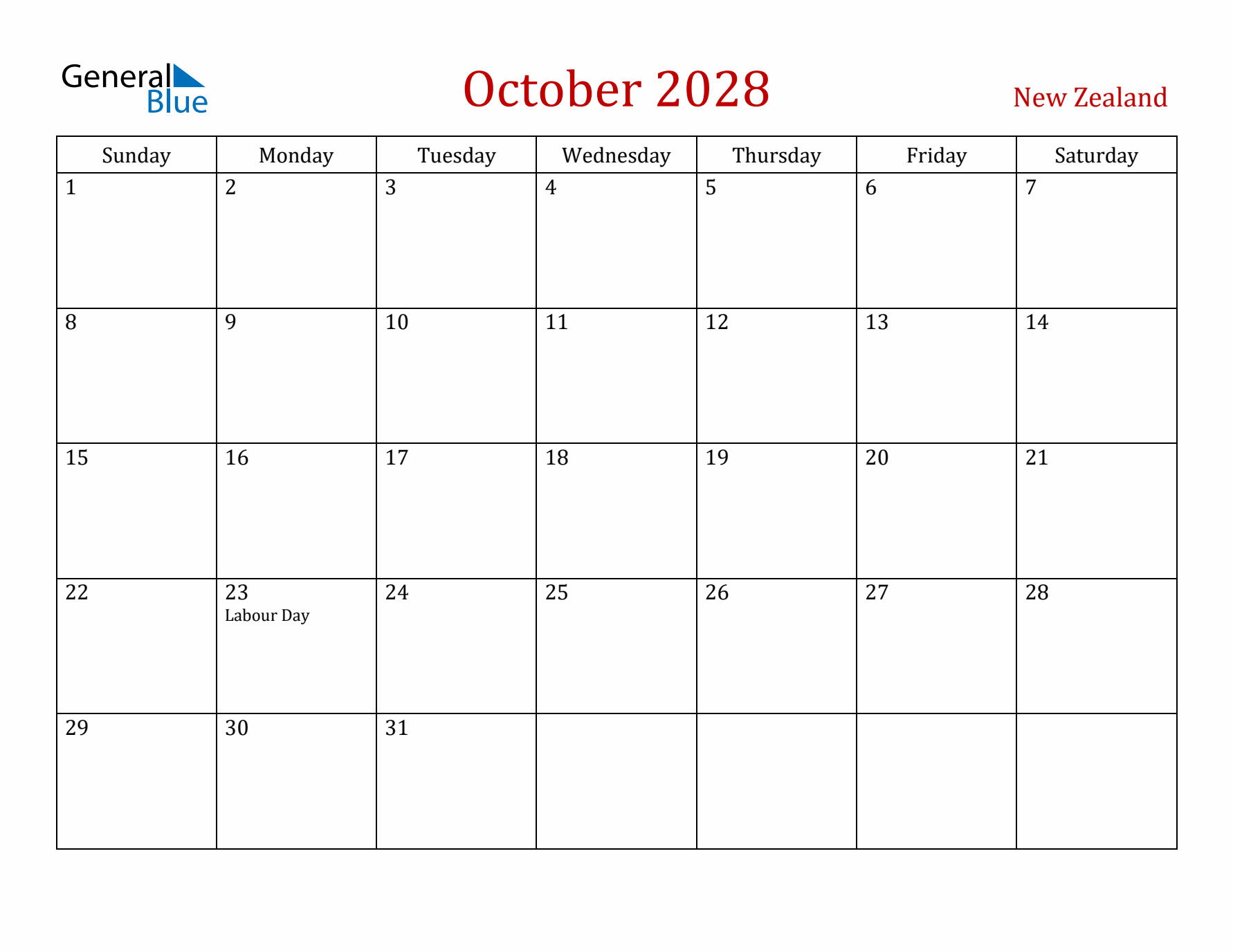 New Zealand October 2028 Calendar - Sunday Start