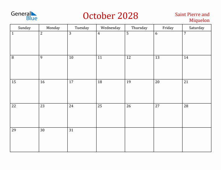 Saint Pierre and Miquelon October 2028 Calendar - Sunday Start