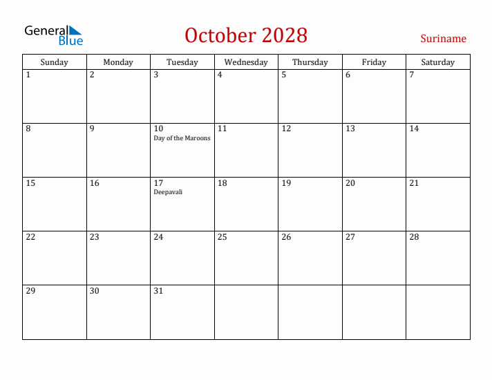 Suriname October 2028 Calendar - Sunday Start