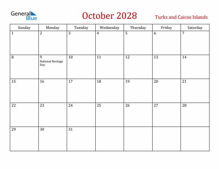 Turks and Caicos Islands October 2028 Calendar - Sunday Start