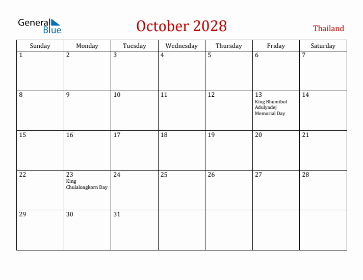 Thailand October 2028 Calendar - Sunday Start