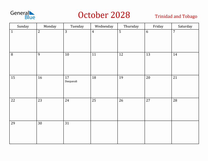 Trinidad and Tobago October 2028 Calendar - Sunday Start