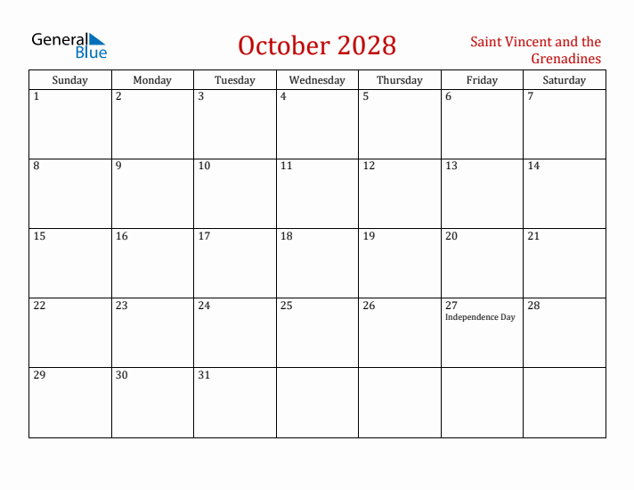 Saint Vincent and the Grenadines October 2028 Calendar - Sunday Start