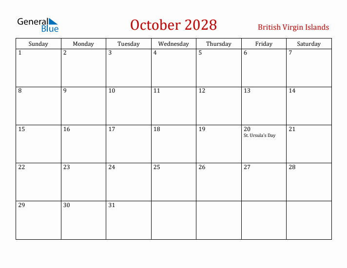 British Virgin Islands October 2028 Calendar - Sunday Start
