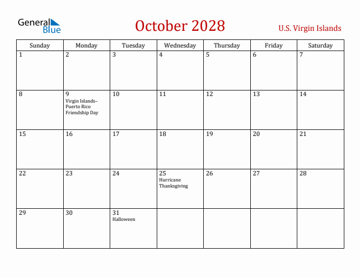 U.S. Virgin Islands October 2028 Calendar - Sunday Start