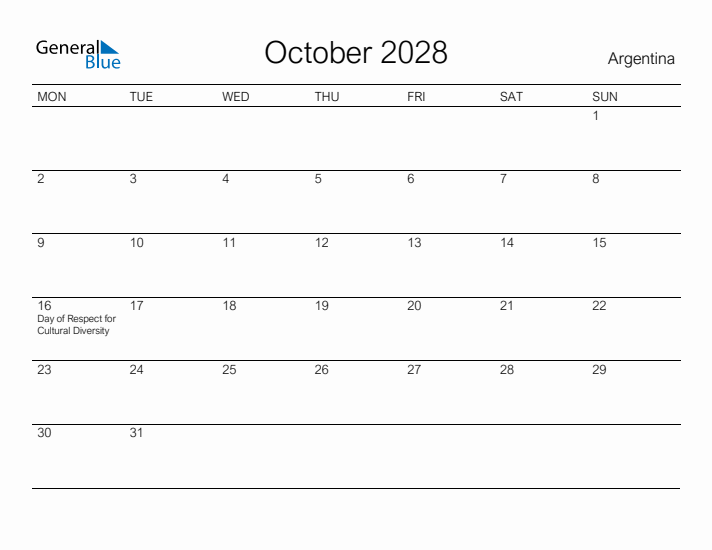 Printable October 2028 Calendar for Argentina
