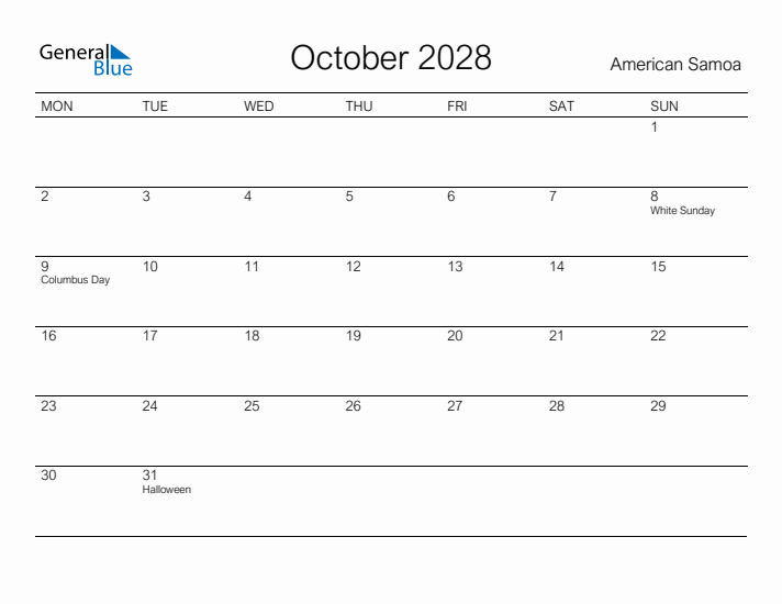 Printable October 2028 Calendar for American Samoa