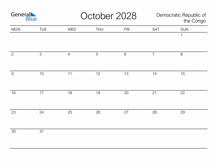 Printable October 2028 Calendar for Democratic Republic of the Congo
