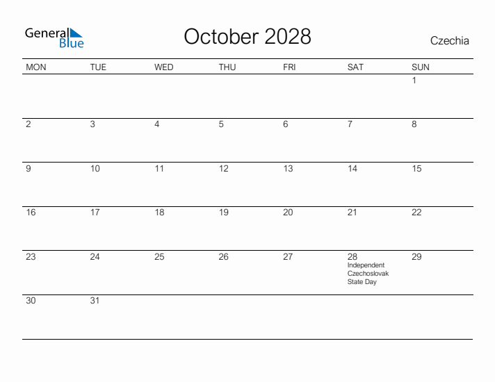 Printable October 2028 Calendar for Czechia