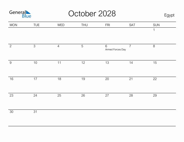 Printable October 2028 Calendar for Egypt