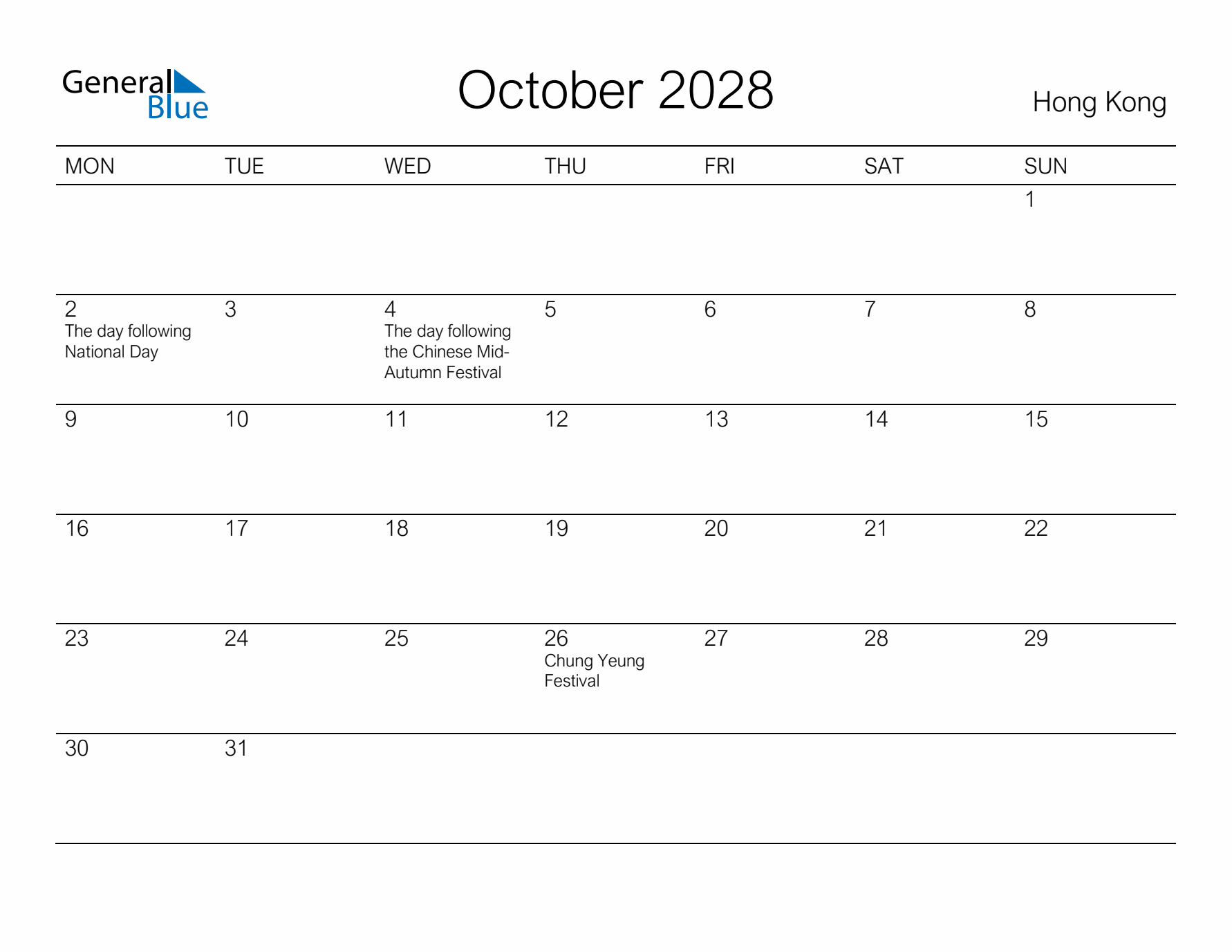 Printable October 2028 Calendar for Hong Kong