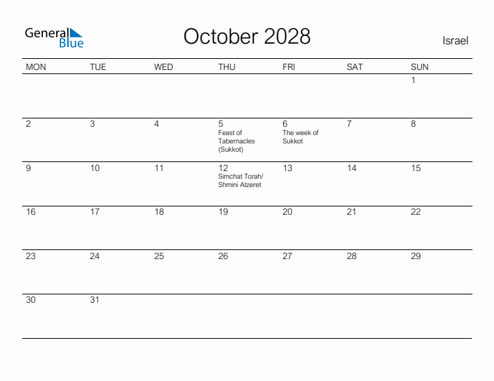 Printable October 2028 Calendar for Israel