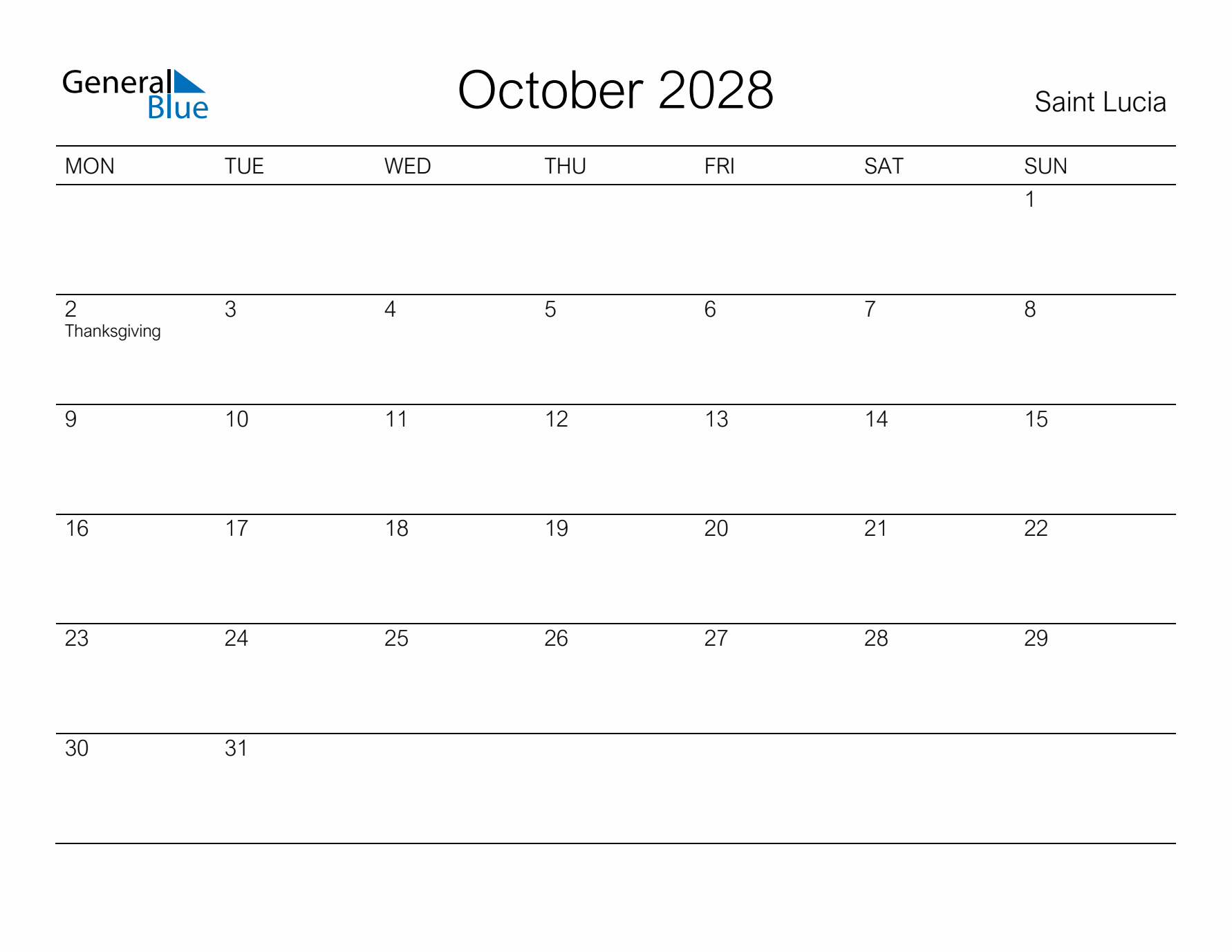Printable October 2028 Calendar for Saint Lucia