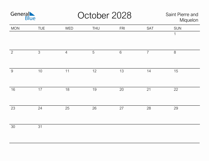 Printable October 2028 Calendar for Saint Pierre and Miquelon