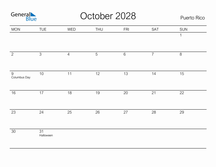 Printable October 2028 Calendar for Puerto Rico