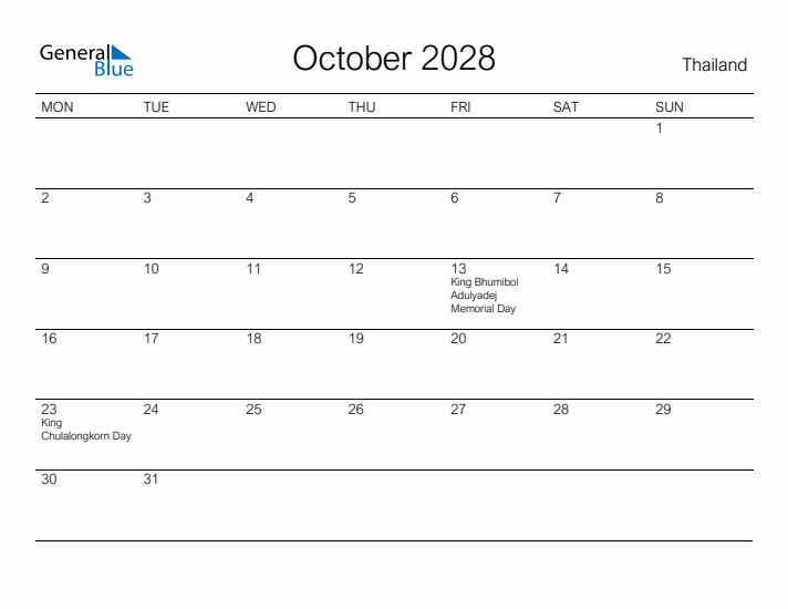 Printable October 2028 Calendar for Thailand