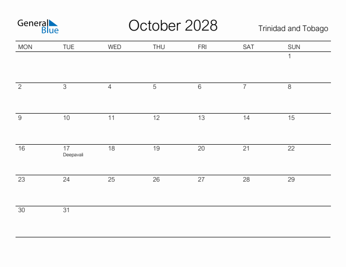 Printable October 2028 Calendar for Trinidad and Tobago