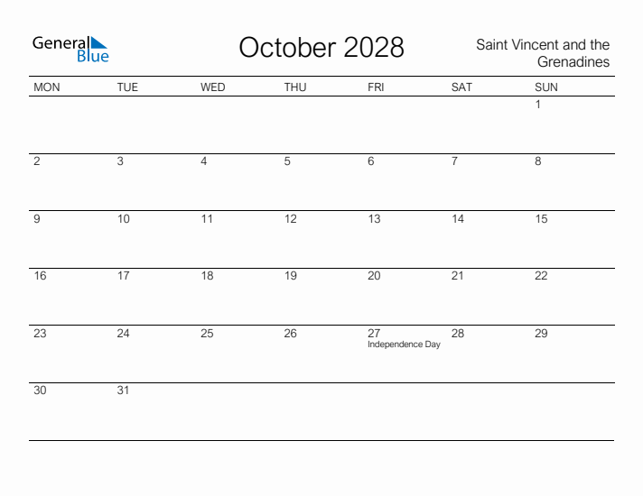 Printable October 2028 Calendar for Saint Vincent and the Grenadines