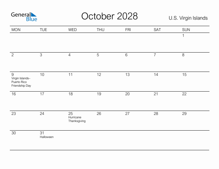 Printable October 2028 Calendar for U.S. Virgin Islands