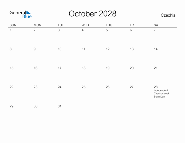 Printable October 2028 Calendar for Czechia
