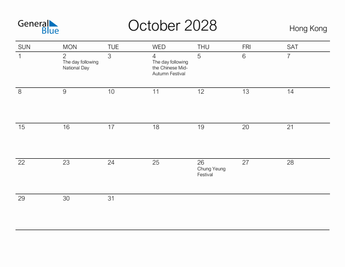 Printable October 2028 Calendar for Hong Kong