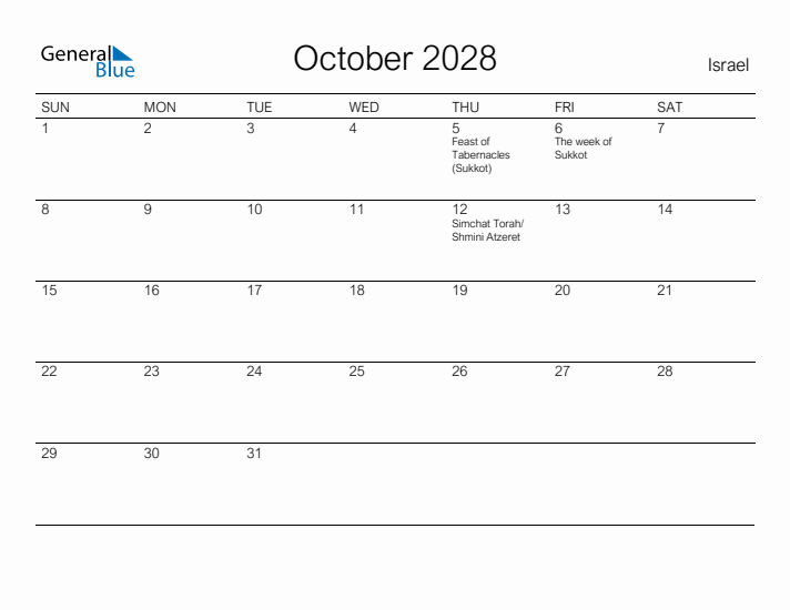 Printable October 2028 Calendar for Israel