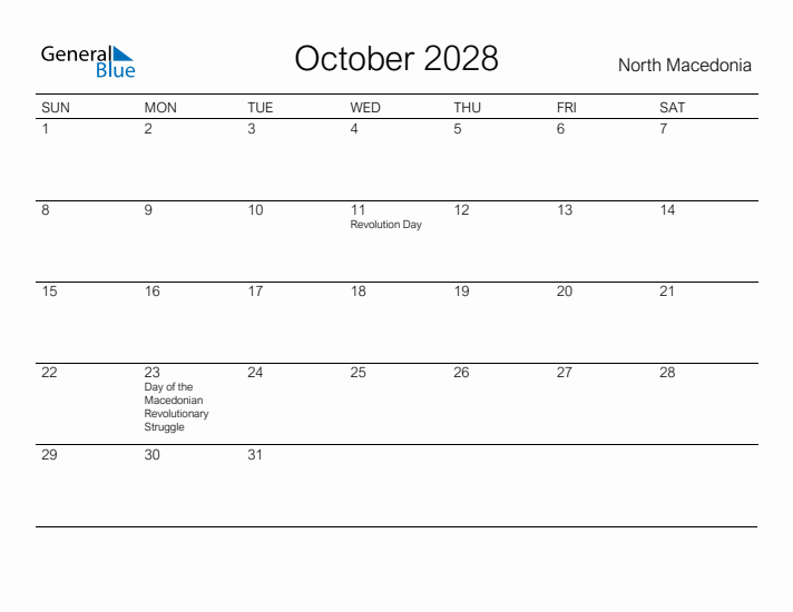 Printable October 2028 Calendar for North Macedonia