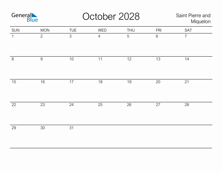 Printable October 2028 Calendar for Saint Pierre and Miquelon