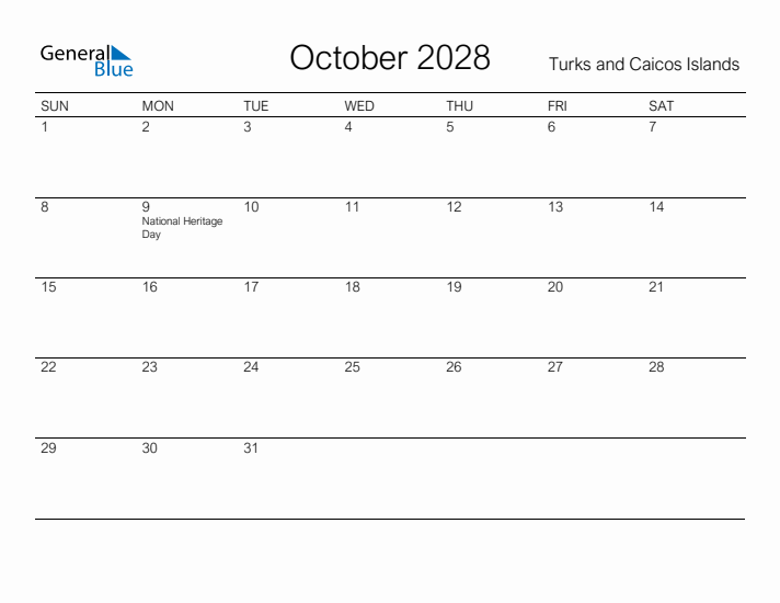 Printable October 2028 Calendar for Turks and Caicos Islands
