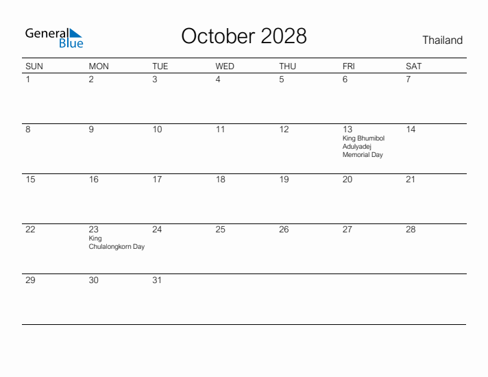 Printable October 2028 Calendar for Thailand