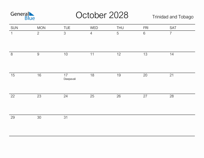 Printable October 2028 Calendar for Trinidad and Tobago