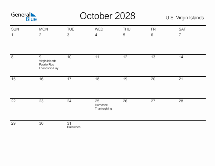 Printable October 2028 Calendar for U.S. Virgin Islands