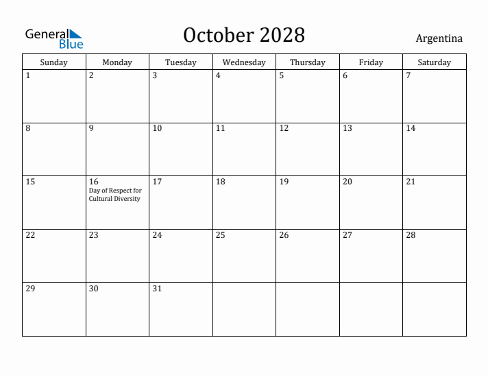 October 2028 Calendar Argentina