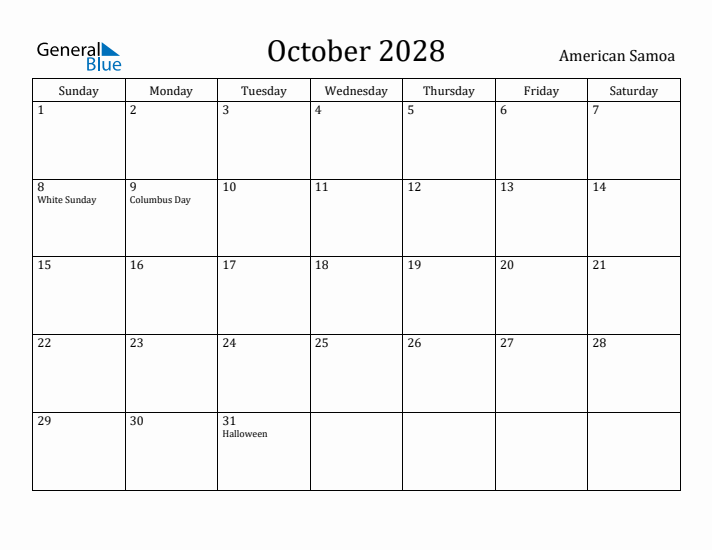 October 2028 Calendar American Samoa