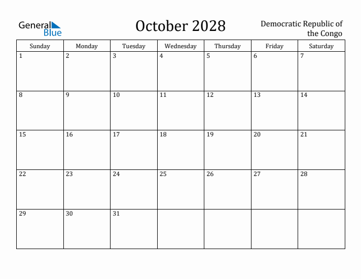 October 2028 Calendar Democratic Republic of the Congo